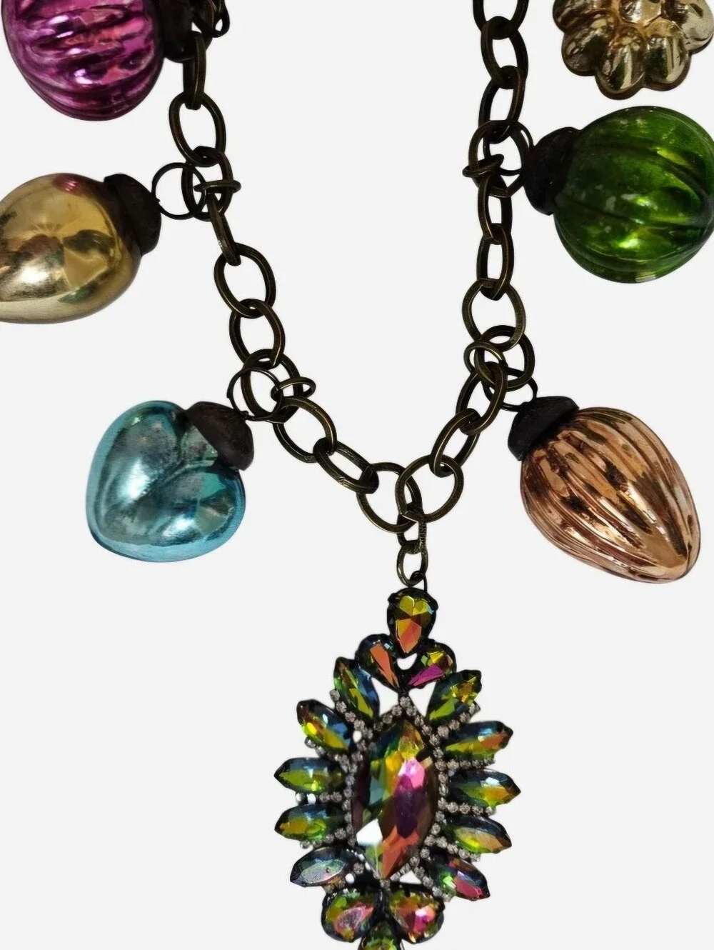 Vintage Style Holiday Charm Necklace Christmas Bulbs AB Rhinestone Brass Tone
